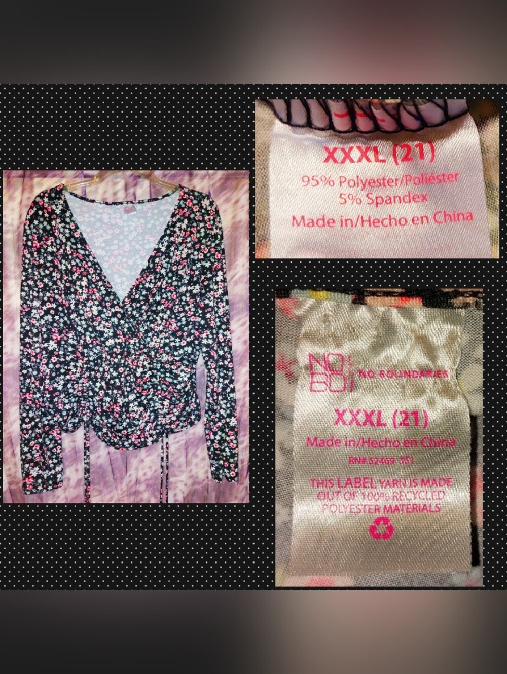 No Boundaries Blk/Multi Floral Print Buttery Soft Knit Top w/Drawstrings XXXL/21